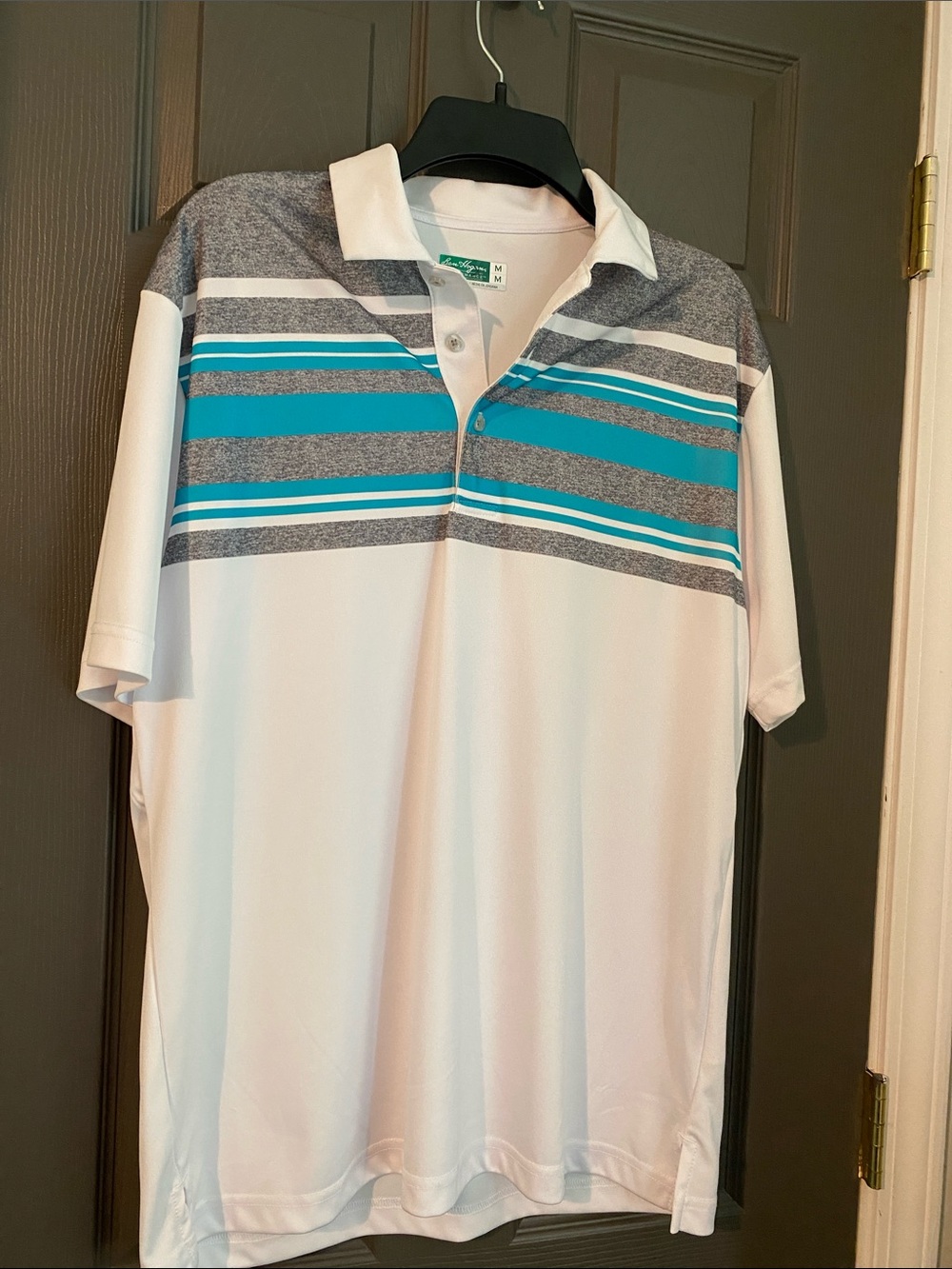 Hogan White Polo with Teal and Gray Stripes